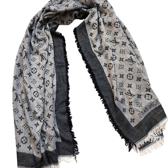 LOUIS VUITTON LV Vintage Light & Charcoal Gray Black Monogram Scarf Shawl Wrap - Picture 5 of 11